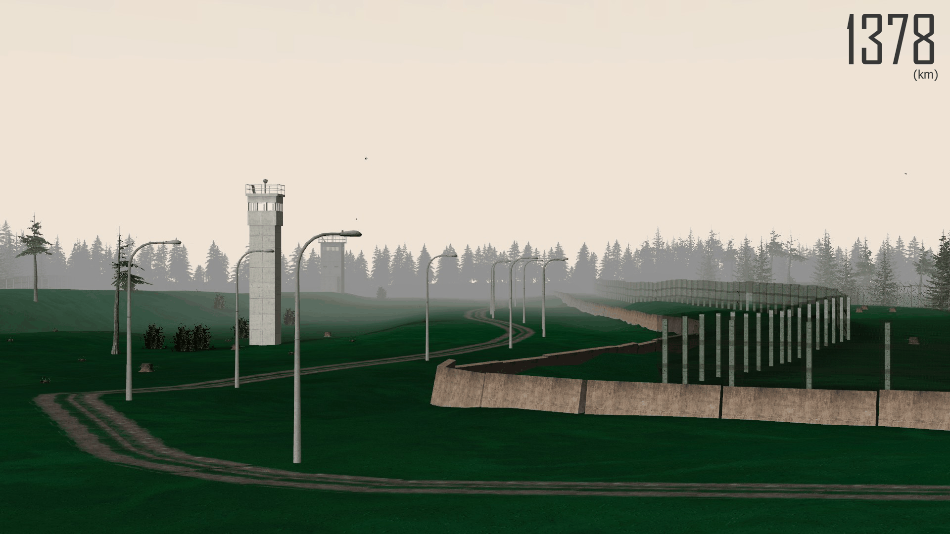 1378(km) gameplay - Eastern border fence detail and warning sign
